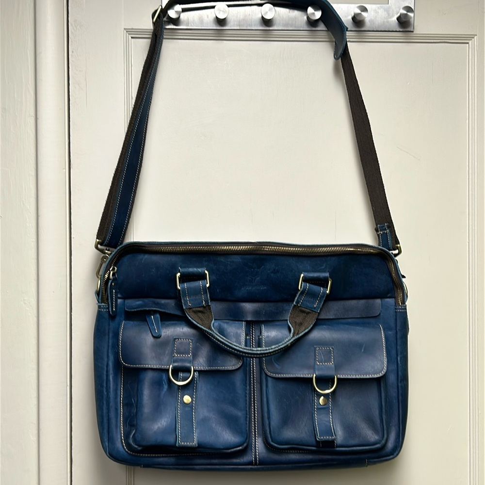 Blue Leather Cross-body Briefcase Laptop Bag